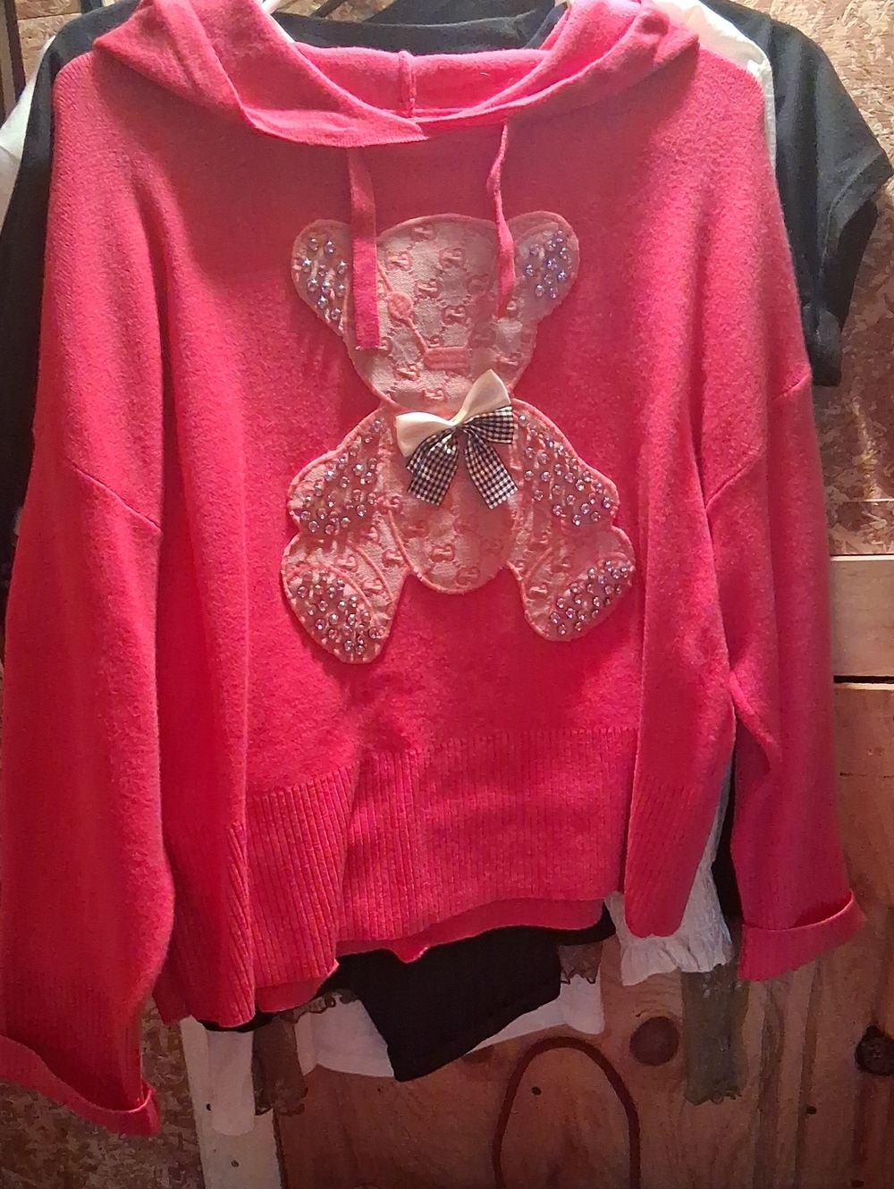 Love Bright Pink Hooded Sweater with Teddy Applique